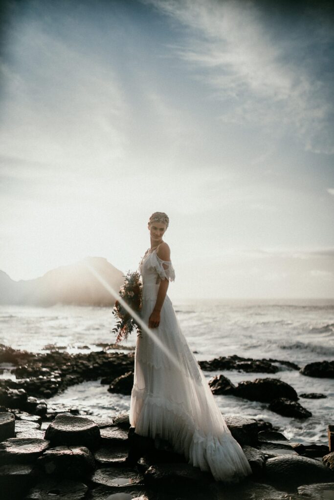 Elopetoireland.com bride at giants causway on the north antrim coast